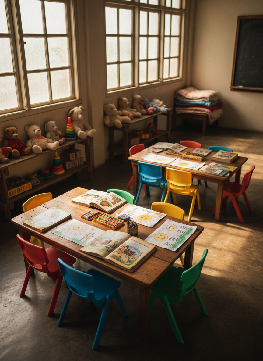 A cozy learning corner inside a modest Filipino orphanage, captured in photographic realism with no people visible. Low wooden tables are scattered with open storybooks, crayons, and hand-drawn pictures of smiling suns and houses. A patchwork of small, mismatched plastic chairs surrounds the tables, their bright colors softened by age. On the walls, neatly arranged shelves hold well-loved stuffed animals and educational toys. Soft, diffused daylight enters through capiz-shell windows, creating gentle highlights on the polished concrete floor and warm shadows behind the furniture. Shot from a slightly elevated angle with shallow depth of field, the composition centers the creative play area while keeping the rest of the room subtly out of focus. The atmosphere feels playful, nurturing, and full of potential, reflecting a supportive environment funded by donations.