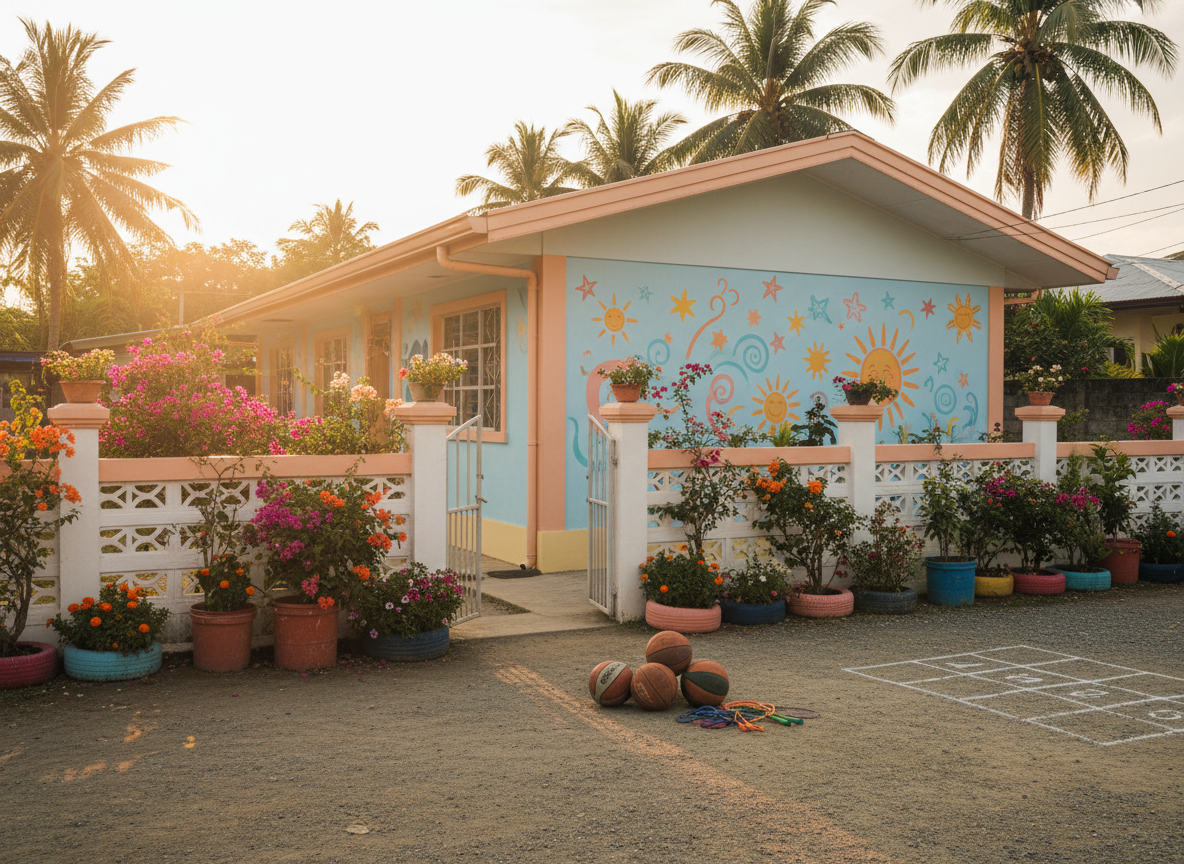 The exterior of a small Filipino children’s home supported by donations, captured in warm, late-afternoon photographic realism with no people present. A simple, freshly painted building in soft pastel colors stands behind a low concrete fence, its entrance framed by potted bougainvillea and flowering plants in repurposed plastic containers. A hand-painted, text-free mural of playful abstract shapes, stars, and smiling suns decorates one wall, symbolizing hope and care without using words. Golden hour sunlight bathes the façade, casting long, gentle shadows from nearby coconut trees onto the gravel courtyard, where a few worn but sturdy basketballs and jump ropes rest beside a chalk-drawn hopscotch grid. Photographed from a slightly low, wide-angle perspective, the composition emphasizes the welcoming doorway and colorful details, creating a mood of safety, joy, and community support for orphaned children.