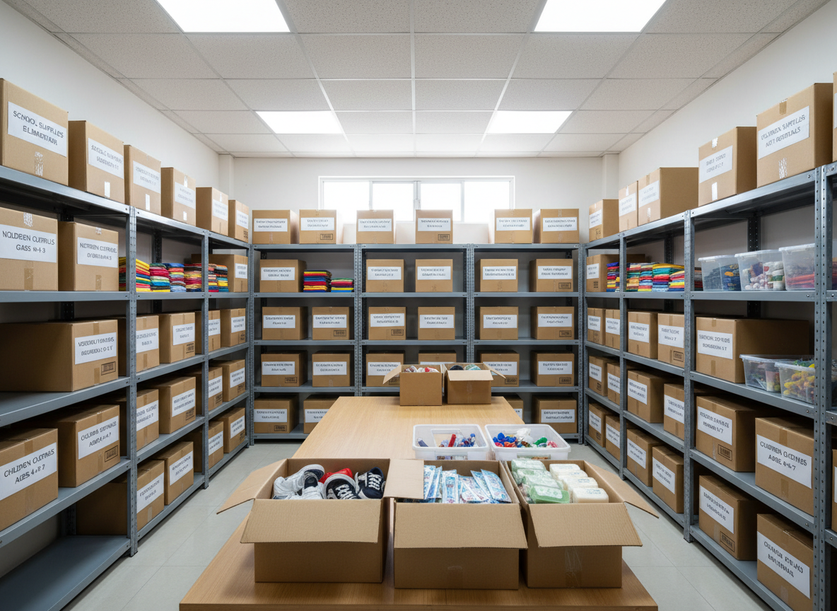 A neatly organized donation storage room in a Filipino orphan support center, photographed with bright, even lighting and no people visible. Sturdy metal shelves line the walls, filled with labeled boxes of school supplies, stacks of notebooks, and rows of neatly folded children’s clothes in cheerful colors. Transparent containers reveal crayons, pencils, and art materials ready for distribution. In the foreground, a sorting table holds open cartons filled with small shoes, toothbrushes, and soap, emphasizing practical care. Overhead fluorescent lights mix with a bit of natural daylight from a high window, creating clean, crisp illumination with soft, minimal shadows. Shot from an eye-level, straight-on perspective with sharp focus throughout, the composition feels orderly and hopeful. The atmosphere communicates responsible stewardship of donations and the quiet, behind-the-scenes work that supports joyful play and daily life for orphaned children.
