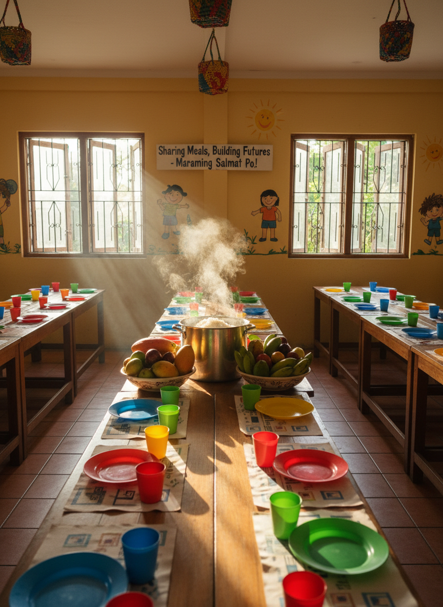An inviting dining area in a children’s care home in the Philippines, photographed in warm, natural light with no people present. Long wooden tables are set with sturdy, colorful plastic plates and cups, each place neatly arranged on simple patterned placemats. A large steel pot of freshly cooked rice sits on a central serving table next to bowls of tropical fruits, suggesting shared meals made possible by community donations. Late morning sunlight streams through open windows with metal grilles, illuminating steam rising from the food and creating soft reflections on the tiled floor. The mood is communal and uplifting, with a sense of anticipation and care. Captured at eye level with sharp focus throughout, the composition emphasizes abundance and togetherness in a humble but dignified setting, aligned with a playful, hopeful photographic style.