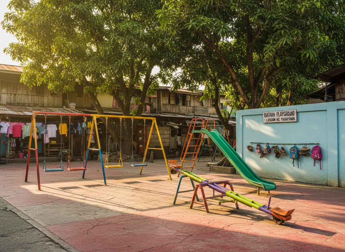 A colorful playground courtyard in a small Filipino neighborhood, photographed at eye level with no people present. Brightly painted metal swings, a slide, and a seesaw show scuffs and chipped paint from years of joyful play. Small pairs of worn canvas shoes and tiny backpacks hang on hooks near a shaded concrete wall, suggesting the presence of children without showing them. Late afternoon tropical sunlight filters through leafy mango trees, casting playful dappled shadows across the cracked pavement. The mood is hopeful and lively, with vibrant colors and photographic realism. The composition follows the rule of thirds, with the playground equipment in sharp focus and the surrounding homes and laundry lines softly blurred in the background, creating a sense of warm community support.