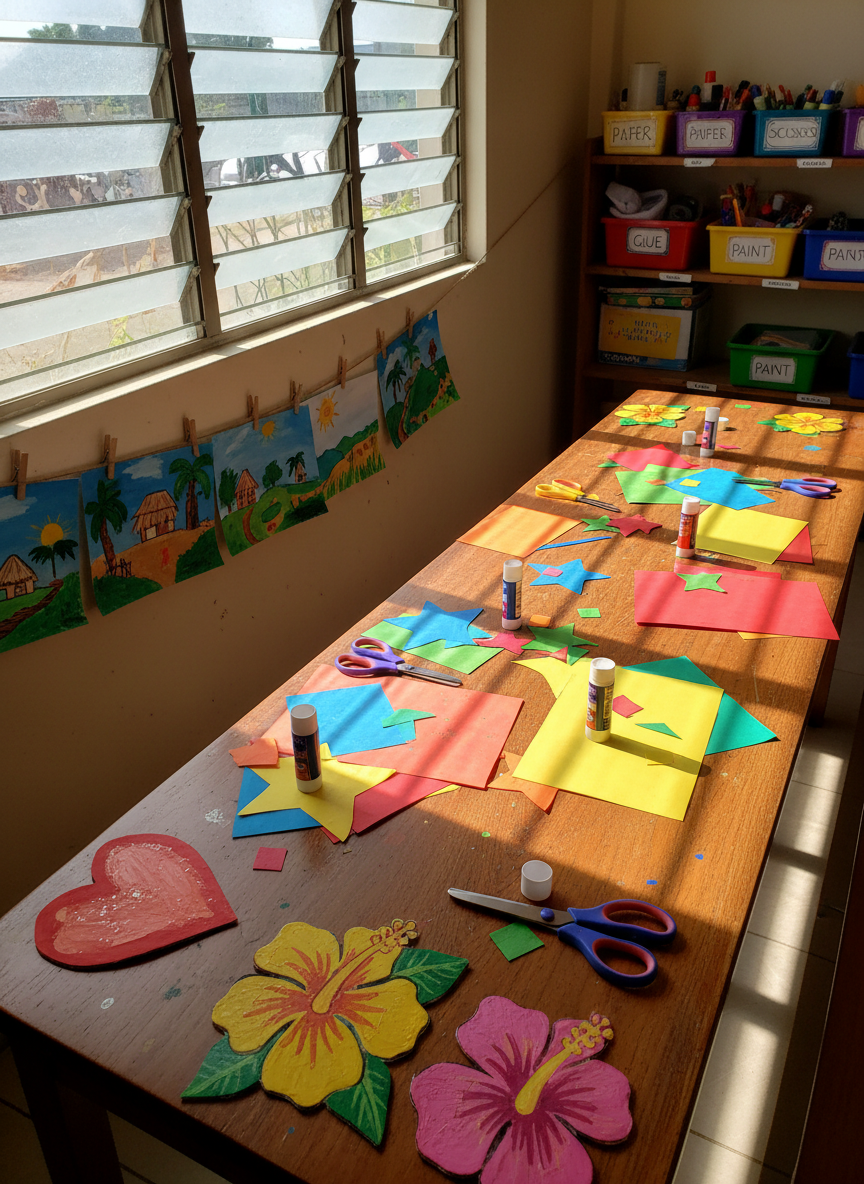 A bright arts-and-crafts room in a Filipino children’s shelter, photographed in vibrant, playful photographic realism with no people shown. A long table is covered with scattered colored papers, safety scissors, glue sticks, and hand-painted cardboard cutouts of hearts, stars, and tropical flowers. On one side, a string hung across the wall displays drying paintings of cheerful village scenes and stylized islands, clipped with tiny wooden clothespins. Sunlight from a high jalousie window creates dynamic streaks of light across the tabletop, highlighting the texture of brushstrokes and glue-sparkled paper, while casting soft, elongated shadows of the craft materials. Shot from a diagonal overhead angle, the composition leads the viewer’s eye along the line of artwork toward a corner shelf full of labeled supply bins. The atmosphere feels joyful, creative, and community-driven, suggesting the impact of support for orphaned children’s development.