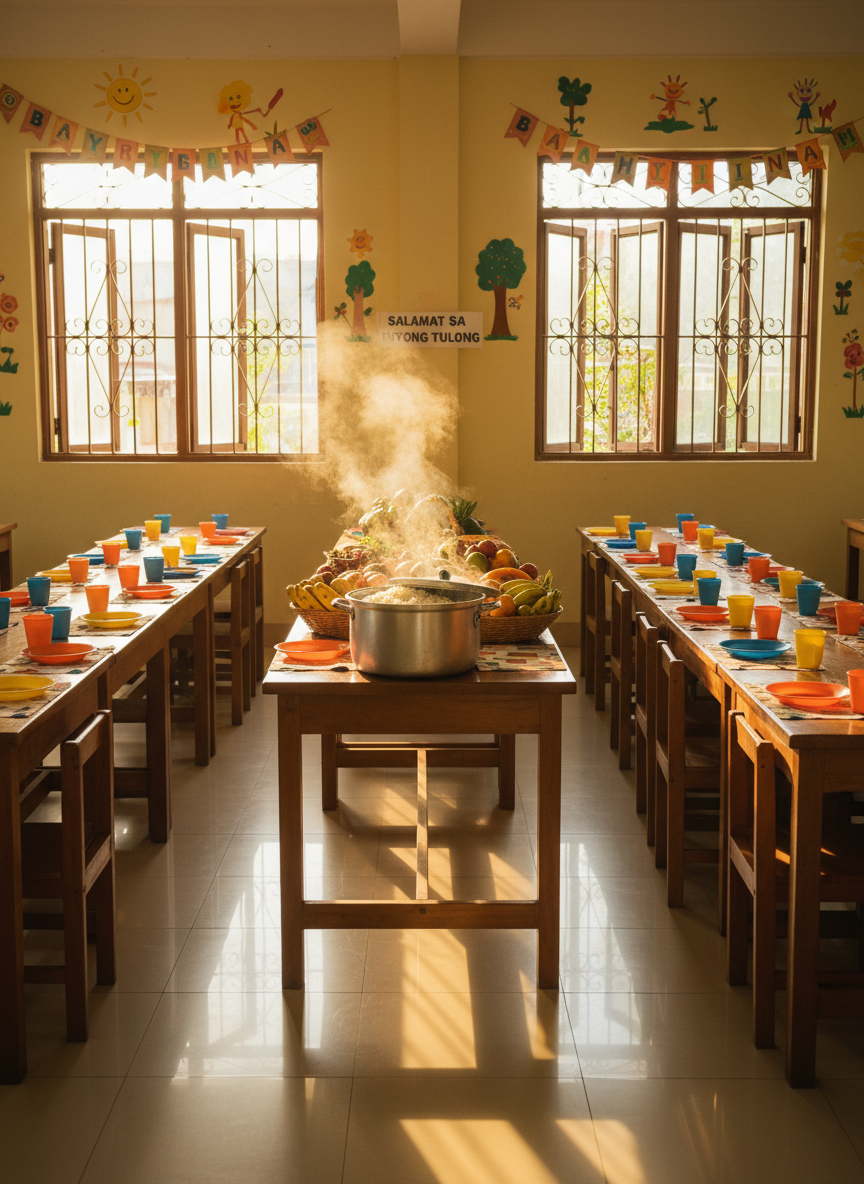 An inviting dining area in a children’s care home in the Philippines, photographed in warm, natural light with no people present. Long wooden tables are set with sturdy, colorful plastic plates and cups, each place neatly arranged on simple patterned placemats. A large steel pot of freshly cooked rice sits on a central serving table next to bowls of tropical fruits, suggesting shared meals made possible by community donations. Late morning sunlight streams through open windows with metal grilles, illuminating steam rising from the food and creating soft reflections on the tiled floor. The mood is communal and uplifting, with a sense of anticipation and care. Captured at eye level with sharp focus throughout, the composition emphasizes abundance and togetherness in a humble but dignified setting, aligned with a playful, hopeful photographic style.