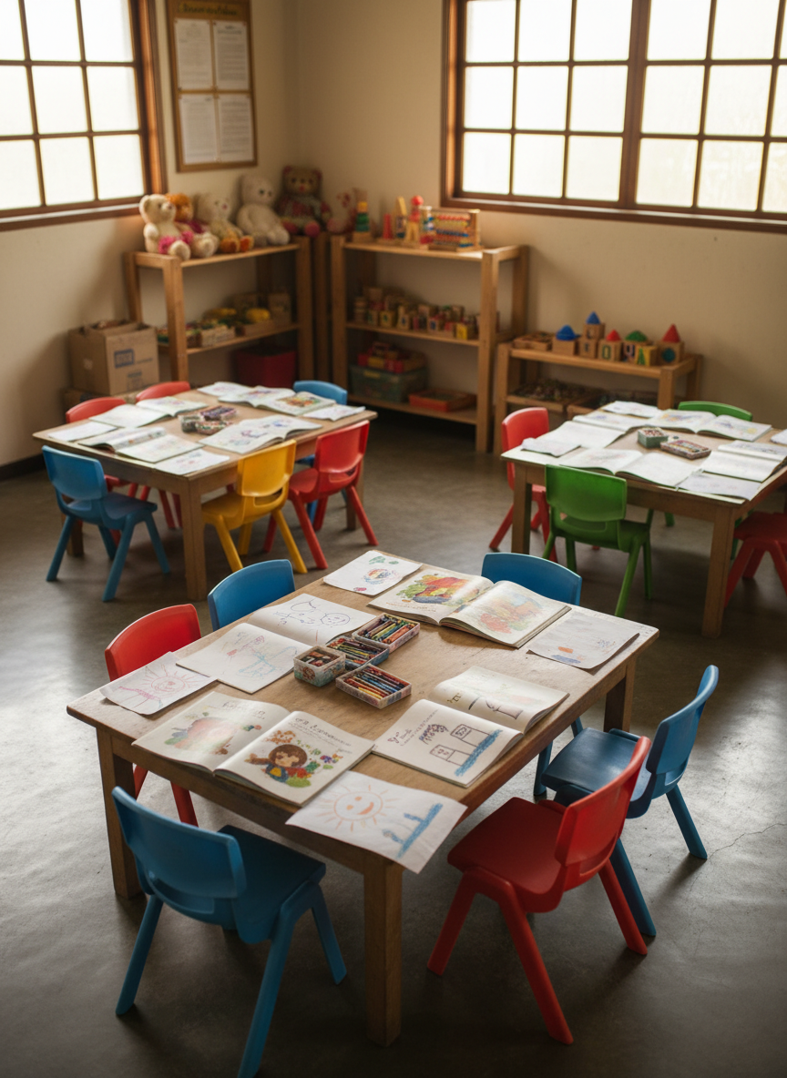 A cozy learning corner inside a modest Filipino orphanage, captured in photographic realism with no people visible. Low wooden tables are scattered with open storybooks, crayons, and hand-drawn pictures of smiling suns and houses. A patchwork of small, mismatched plastic chairs surrounds the tables, their bright colors softened by age. On the walls, neatly arranged shelves hold well-loved stuffed animals and educational toys. Soft, diffused daylight enters through capiz-shell windows, creating gentle highlights on the polished concrete floor and warm shadows behind the furniture. Shot from a slightly elevated angle with shallow depth of field, the composition centers the creative play area while keeping the rest of the room subtly out of focus. The atmosphere feels playful, nurturing, and full of potential, reflecting a supportive environment funded by donations.