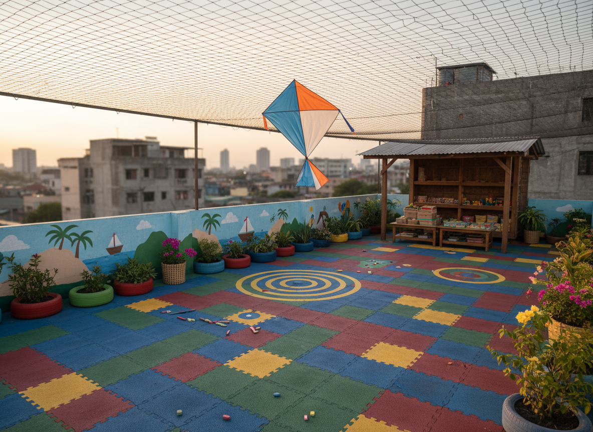 A rooftop play space atop a modest building in a Filipino city, transformed into a safe recreation area for orphaned children, captured in playful photographic realism with no people present. Colorful rubber floor tiles form a hopscotch path and simple game patterns, while a low, painted concrete wall is decorated with abstract, childlike drawings of islands, boats, and kites without any text. Potted plants in recycled containers soften the edges, and a small covered corner shelters board games and toy bins. Early evening light glows warm and golden, illuminating scattered chalk pieces and a gently swaying kite stuck on the safety netting overhead. Photographed from a slightly elevated corner angle, the composition takes in the entire rooftop while the distant city skyline remains softly blurred. The mood is joyful, imaginative, and resilient, highlighting how support creates playful spaces even in dense urban environments.
