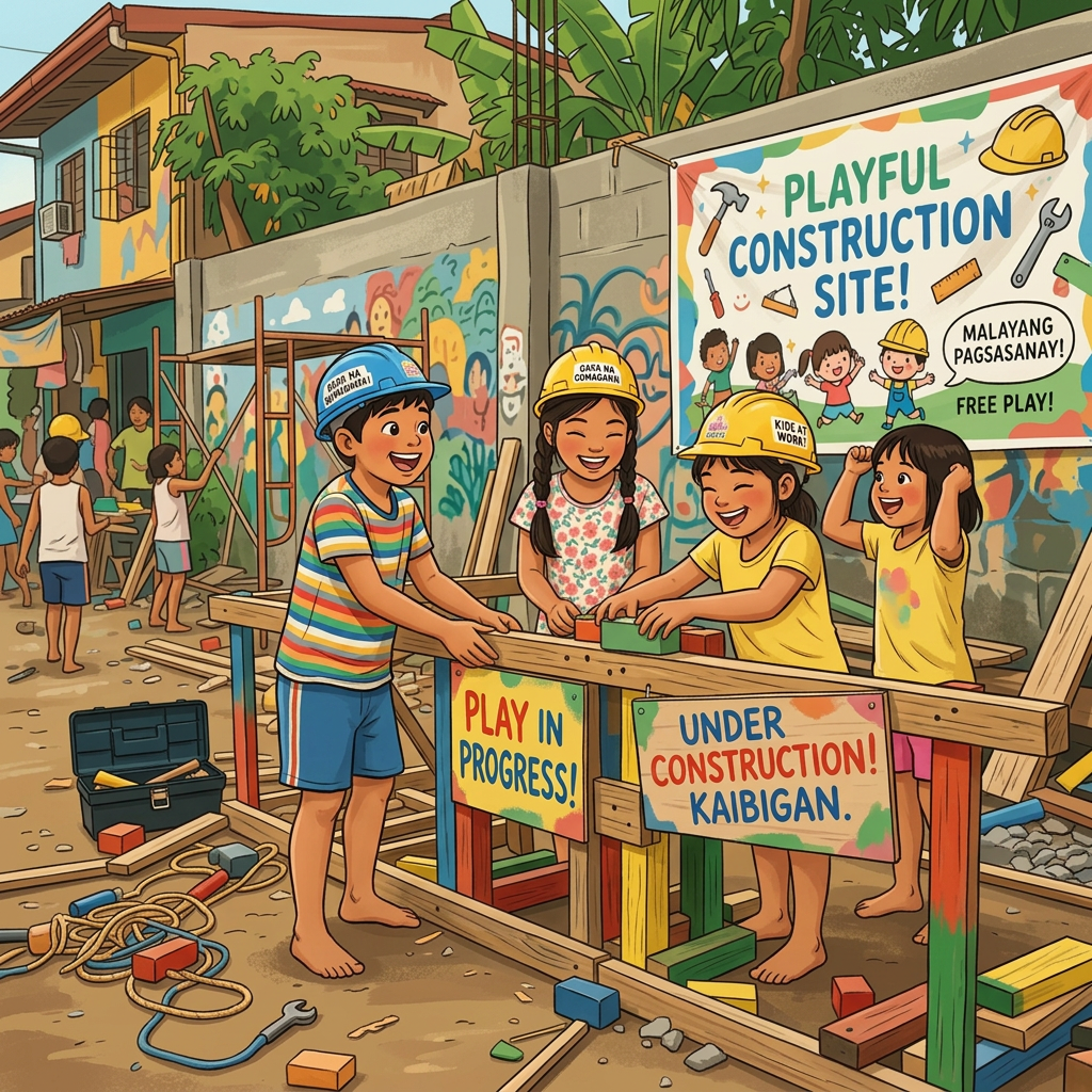 Children playing at a construction site with signs reading “PLAYFUL CONSTRUCTION SITE!”, “FREE PLAY!”, “PLAY IN PROGRESS!”, and “UNDER CONSTRUCTION! KAIBIGAN!”