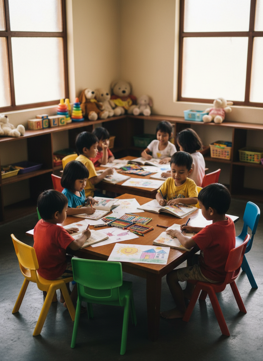 A cozy learning corner inside a modest Filipino orphanage, photographic realism. Low wooden tables are scattered with open storybooks, crayons, and hand-drawn pictures of smiling suns and houses. Several young Filipino children, ages 4-8, are sitting around the tables — some coloring, some looking at picture books, some giggling with each other. They wear casual everyday clothes in bright colors. Mismatched small plastic chairs in cheerful colors surround the tables. On the walls, neatly arranged shelves hold well-loved stuffed animals and educational toys. Soft, diffused daylight enters through capiz-shell windows, creating gentle highlights on the polished concrete floor. Shot from a slightly elevated angle with shallow depth of field, the composition centers the children and the creative play area. The atmosphere feels playful, nurturing, and full of warmth.