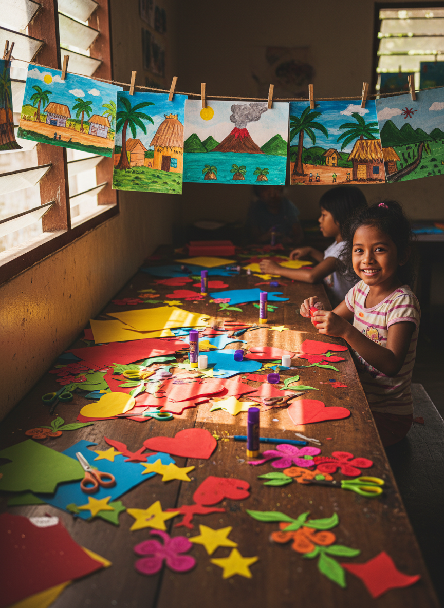 A bright arts-and-crafts room in a Filipino children's shelter, photographed in vibrant, playful photographic realism. A long table is covered with scattered colored papers, safety scissors, glue sticks, and hand-painted cardboard cutouts of hearts, stars, and tropical flowers. On one side, a string hung across the wall displays drying paintings of cheerful village scenes and stylized islands, clipped with tiny wooden clothespins. Sunlight from a high jalousie window creates dynamic streaks of light across the tabletop. One young Filipino girl, around 7-8 years old, sits at the table, smiling warmly, engaged in arts and crafts. Shot from a diagonal overhead angle. The atmosphere feels joyful, creative, and community-driven.