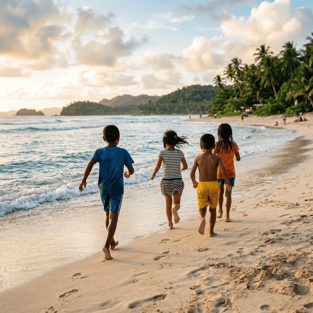 Four children running along a tropical beach beside ocean waves